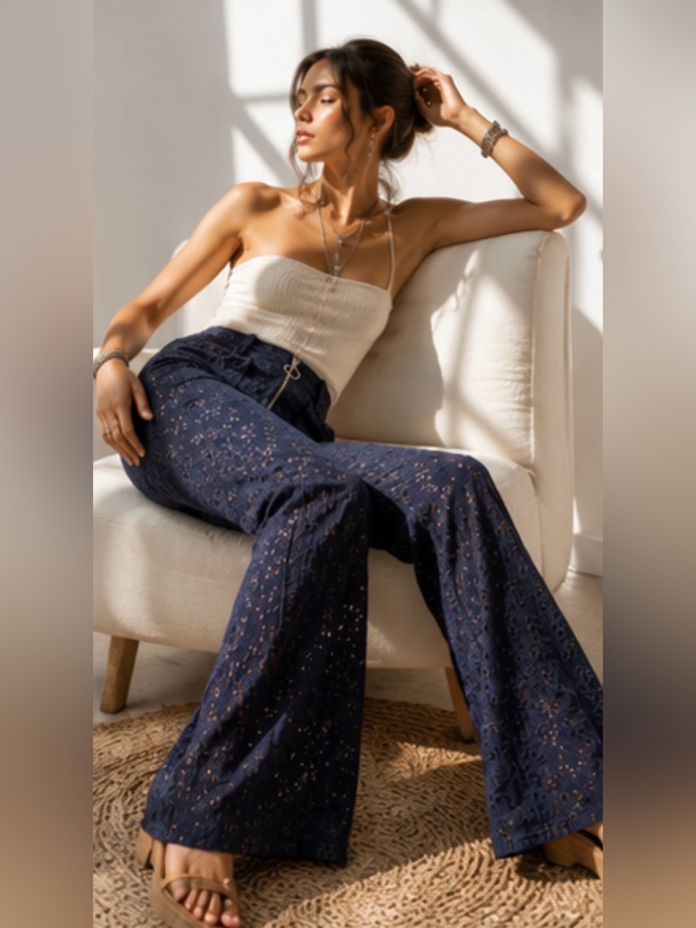 Navy Embroidered Eyelet Lace High-Rise Flare Pants